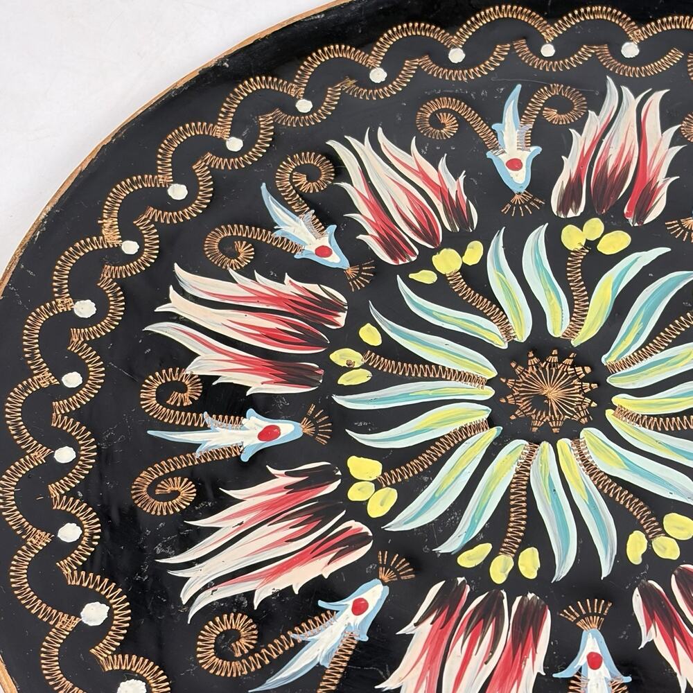Vintage Turkish Folk Art Hand Painted Etched 9.5" Copper Plate Wall Hanging - Picture 3 of 6